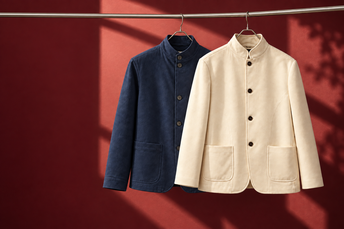 Arco Stehkragenjacken in Creme und Navy an einer durchgehenden Metallstange