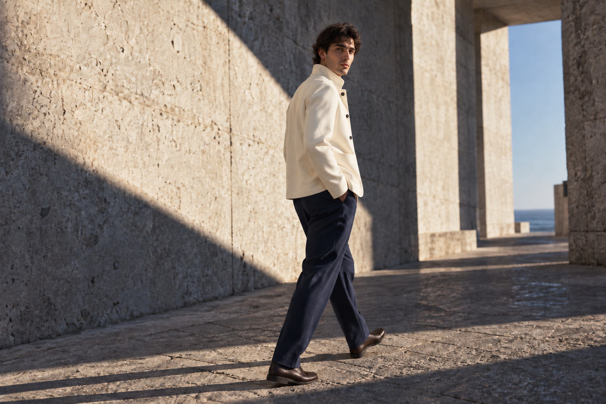 CELESTE – Cremejacke und Navyhose in Architektur, Kampagnenvisualisierung